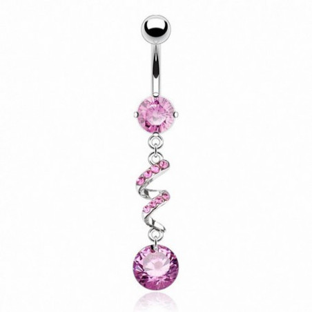 Piercing nombril acier chirurgical inox pendant twist cristal rose