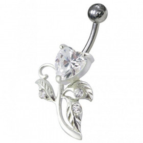 piercing nombril floral rose en argent strass blanc