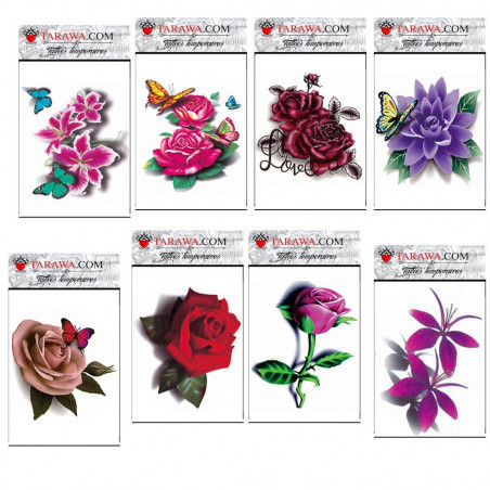 Pack 8 tatouages temporaire fleurs réaliste couleur marque Tarawa taille 7cm par 10 cm waterproof