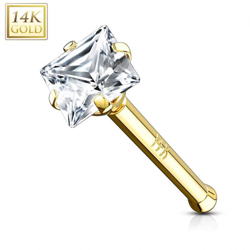 Piercing nez or 14K cristal carré 2 mm tige droite