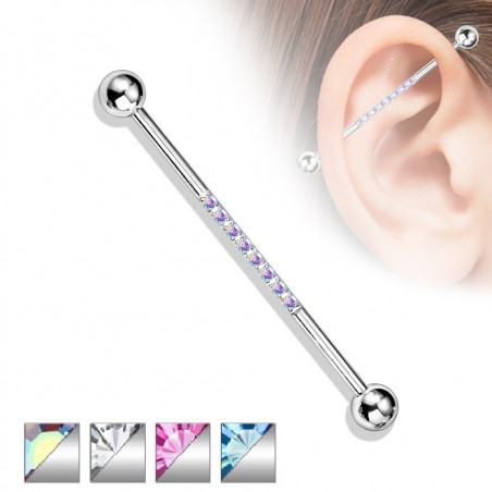 Piercing oreille industriel acier chirurgical strass  taille 1,6 par 38mm