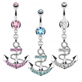 TARAWA® Pack 3 Piercings nombril femme acier chirurgical 316 pendentif ancre marine avec oxyde de zirconium