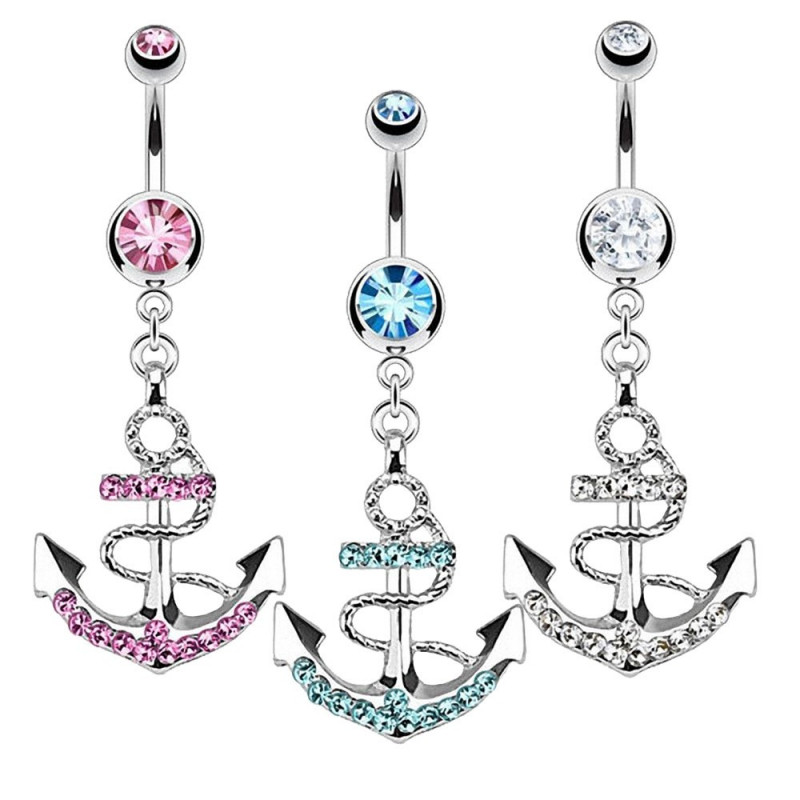 TARAWA® Pack 3 Piercings nombril femme acier chirurgical 316 pendentif ancre marine avec oxyde de zirconium