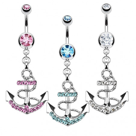 TARAWA® Pack 3 Piercings nombril femme acier chirurgical 316 pendentif ancre marine avec oxyde de zirconium