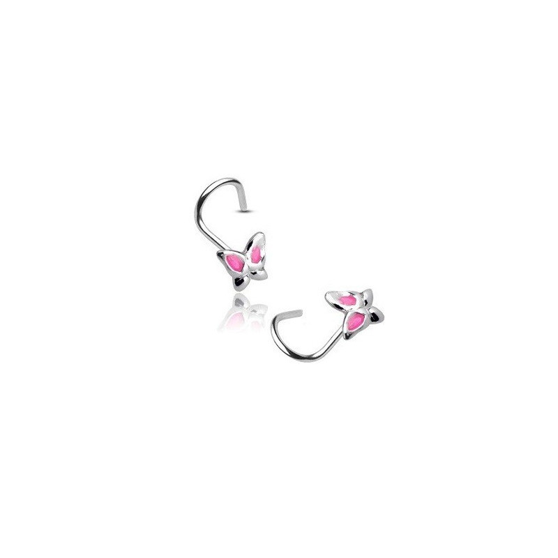 Piercing nez papillon rose argent massif 925 courbé tire-bouchon pas cher Piercing nez papillon rose argent massif 925 courbé tire-bouchon pas cher