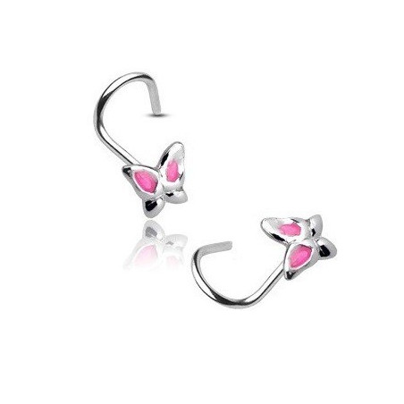 Piercing nez papillon rose argent massif 925 courbé tire-bouchon pas cher