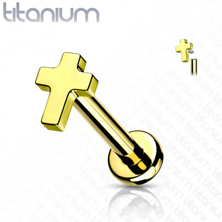 Piercing labret titane motif croix Doré