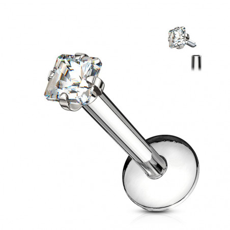 Piercing labret acier cristal carré couleur blanc diamant de 2 mm pas cher