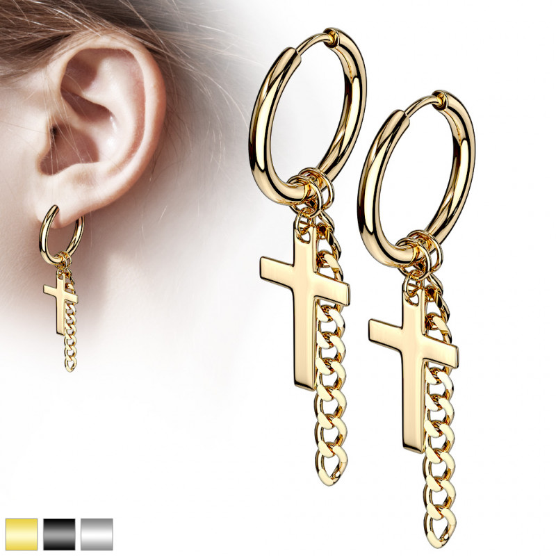 Boucles d'oreilles créoles doré avec croix et chaîne