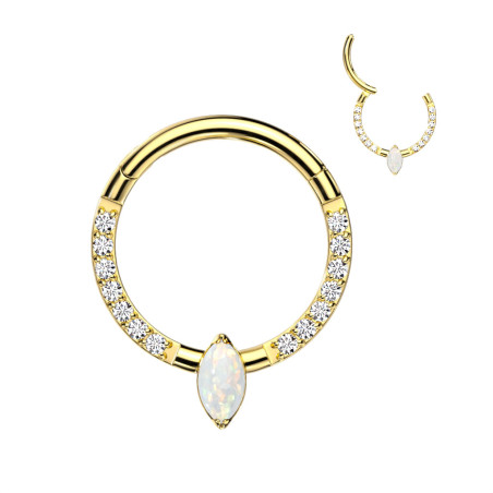 Piercing anneau titane avec strass et pierre opale doré