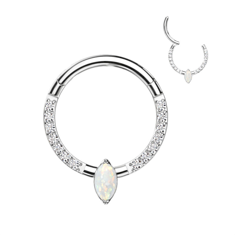 Piercing anneau titane avec strass et pierre opale argent