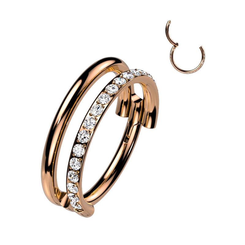 Piercing double anneau avec strass en titane or rosé