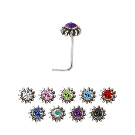 Piercing nez tige L argent fleur spirale strass