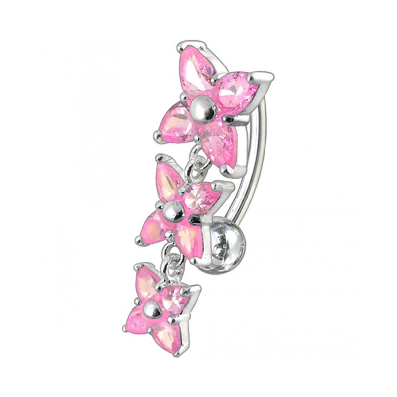 Piercing nombril inversé en argent massif motif 3 fleur cristal rose barre titane haute qualité Piercing nombril inversé en argent massif motif 3 fleur cristal rose barre titane haute qualité