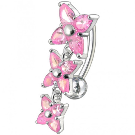 Piercing nombril inversé en argent massif motif 3 fleur cristal rose barre titane haute qualité