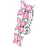 Piercing nombril inversé en argent massif motif 3 fleur cristal rose barre titane haute qualité