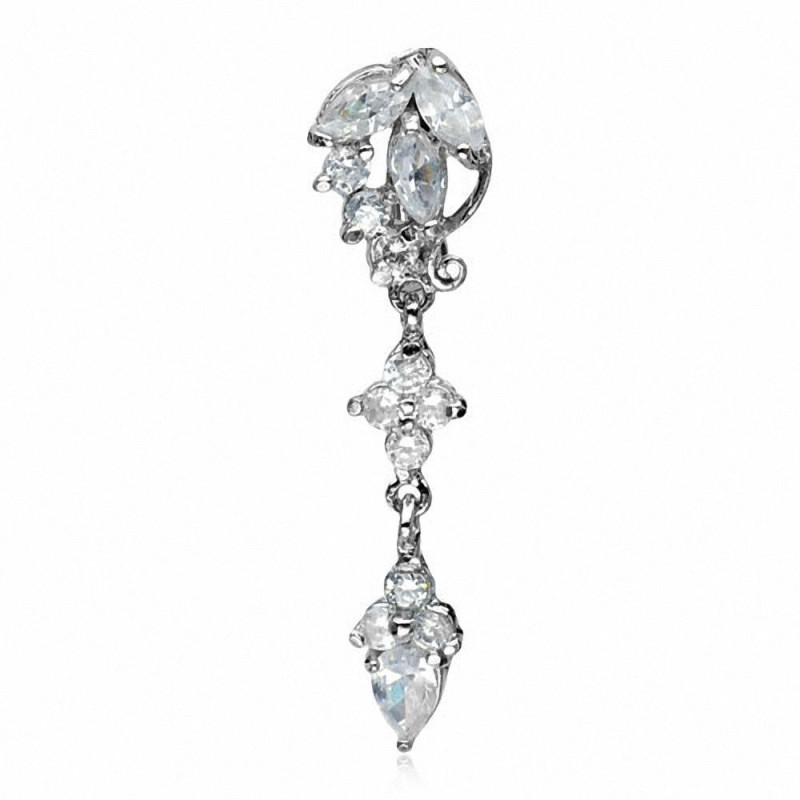 Piercing nombril acier chirurgical316L motif fleur rivière inversé cristal blanc Piercing nombril acier chirurgical316L motif fleur rivière inversé cristal blanc