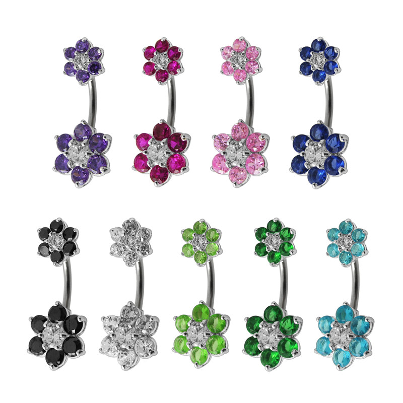 PIercing nombril argent fleur jumelle cristal - Piercing argent