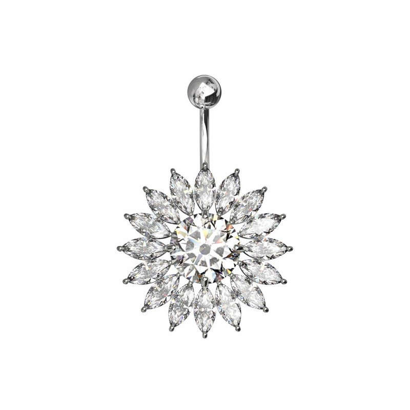 Piercing nombril fleur cristal barre titane monture argent - Tarawa