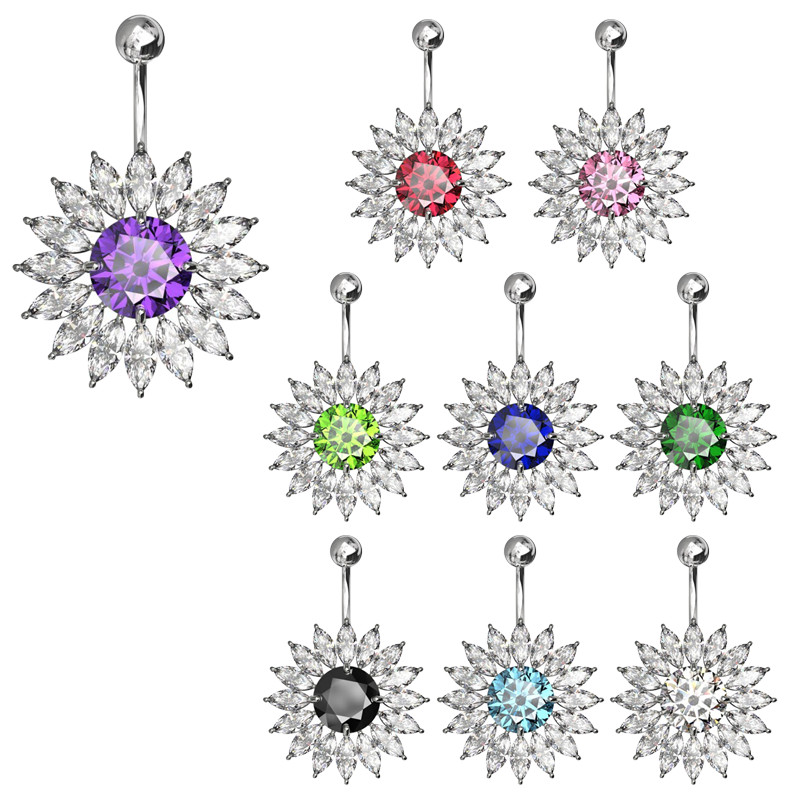 Piercing Nombril Argent 925 - Pendentif Fée Avec Cristal, Tige Acier 1,6 Mm