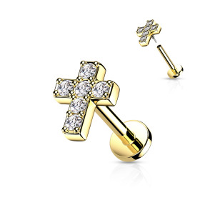 Piercing labret motif croix CZ doré