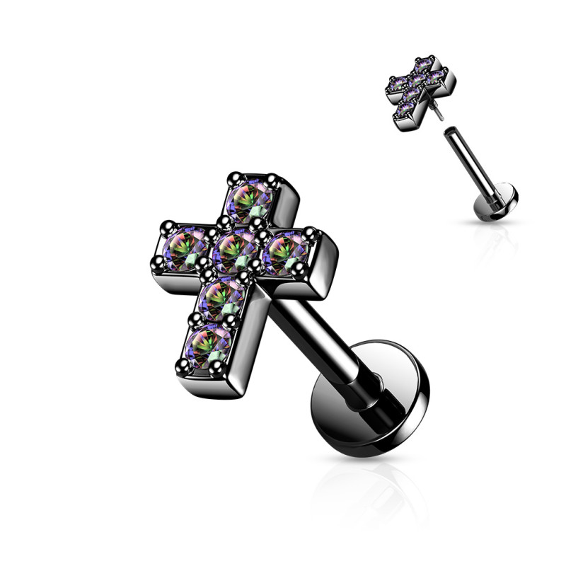 Piercing labret motif croix CZ noir