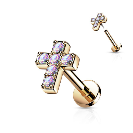 Piercing labret motif croix CZ or rose