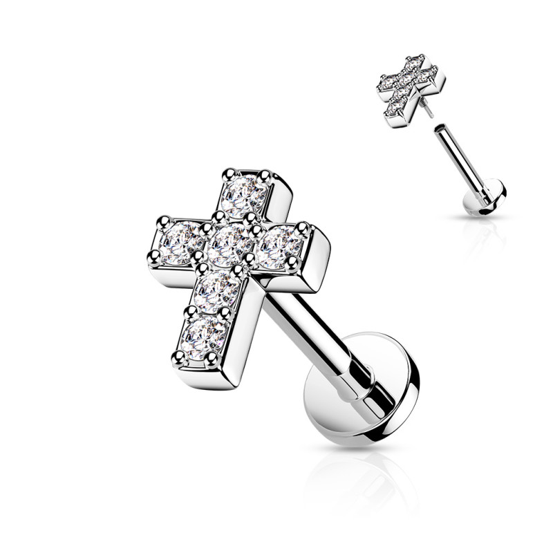 Piercing labret motif croix CZ acier