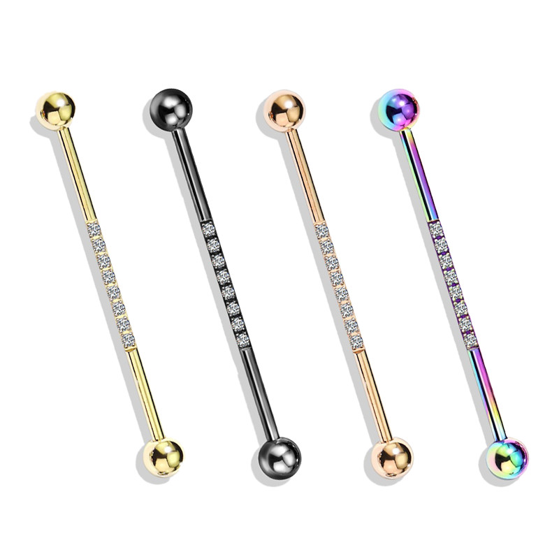 Piercing oreille industriel acier chirurgical anodisé couleurs strass taille 1,6 par 38mm