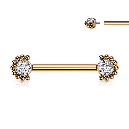 Piercing téton en titane cristal simple perlé or rose