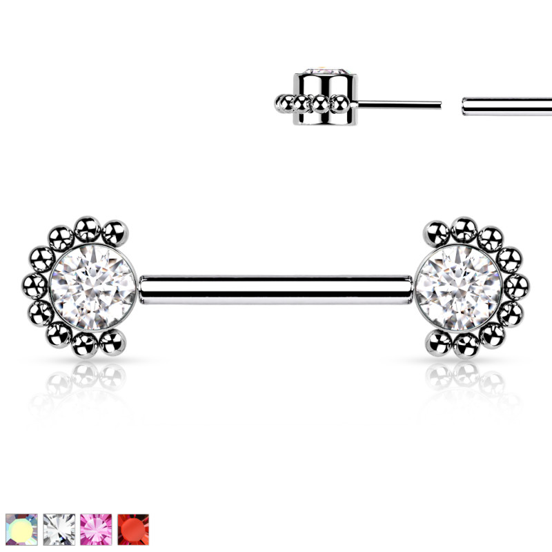 Piercing téton en titane fixation clip cristal simple perlé