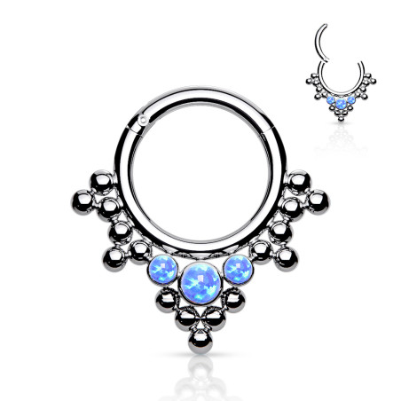 Piercing anneau 3 cristaux opale bleu perlé en grappe