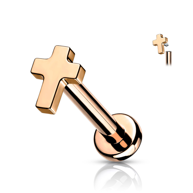 Piercing labret titane motif croix or rose