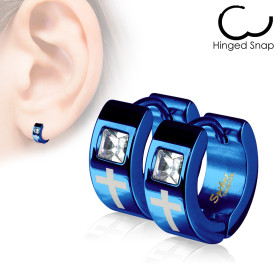 paire de Boucles d Oreille anneau pour homme en Acier couleur bleu motif Croix et cristal