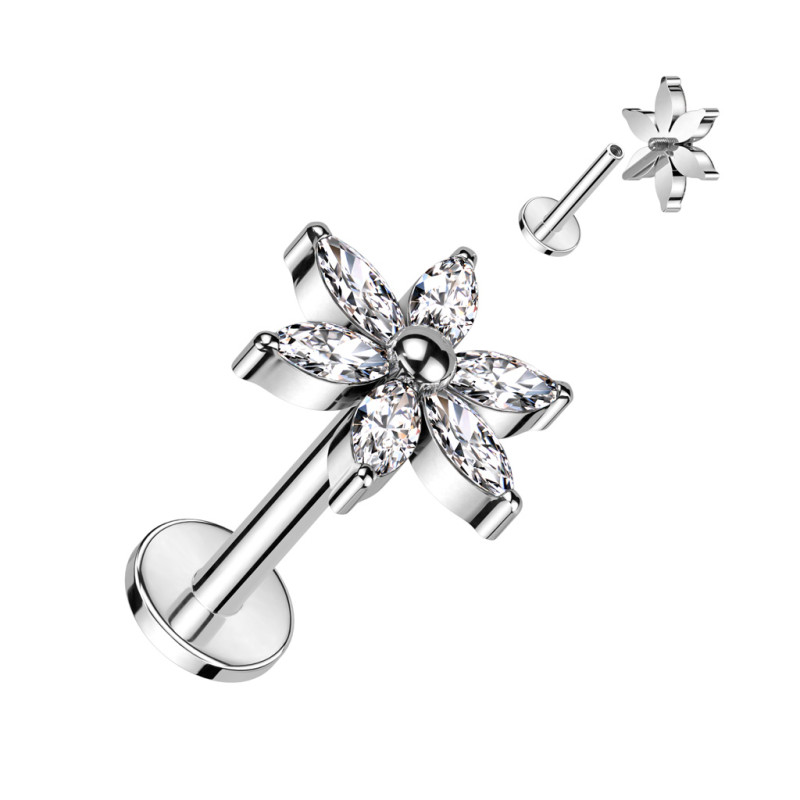 Piercing labret en titane fleur sertie de strass Piercing labret en titane fleur sertie de strass