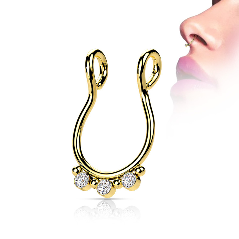 Faux piercing septum en acier chirurgical doré 3 CZ