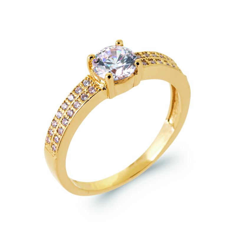 Bague plaqué or solitaire avec 2 rangé de CZ