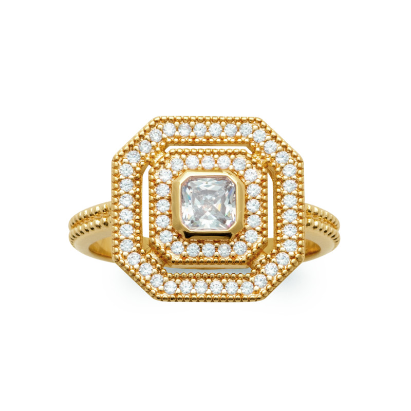 Bague Plaqué Or Trio De Carrés Multicolores - Taille 52, Occasion