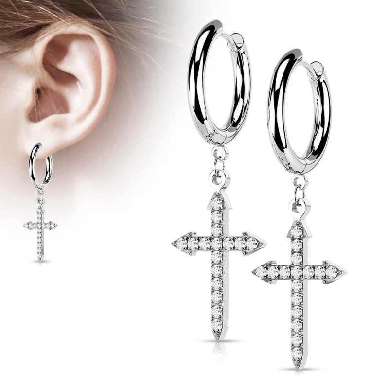 Boucles d'oreilles croix pendante CZ acier