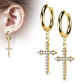 Boucles d'oreilles créoles croix pendante CZ doré