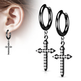 Boucles d'oreilles créoles croix pendante CZ noir