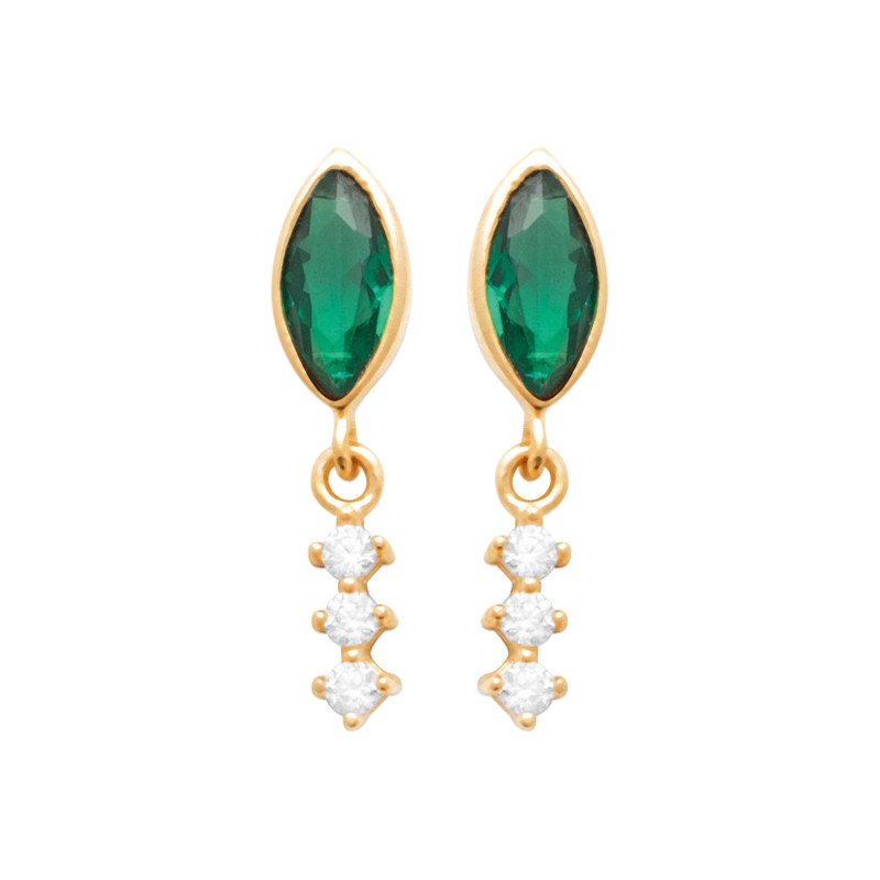 Boucles d'Oreilles en Plaqué Or avec Émeraude et Strass