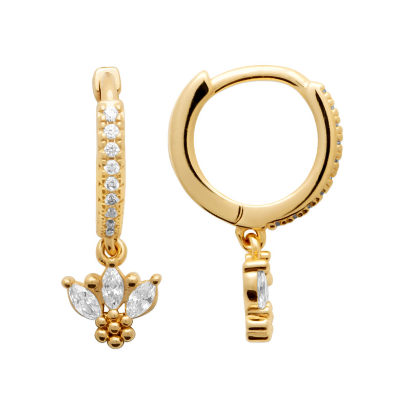 Boucles d'oreilles créoles en plaqué or avec pendentifs fleur et zircons