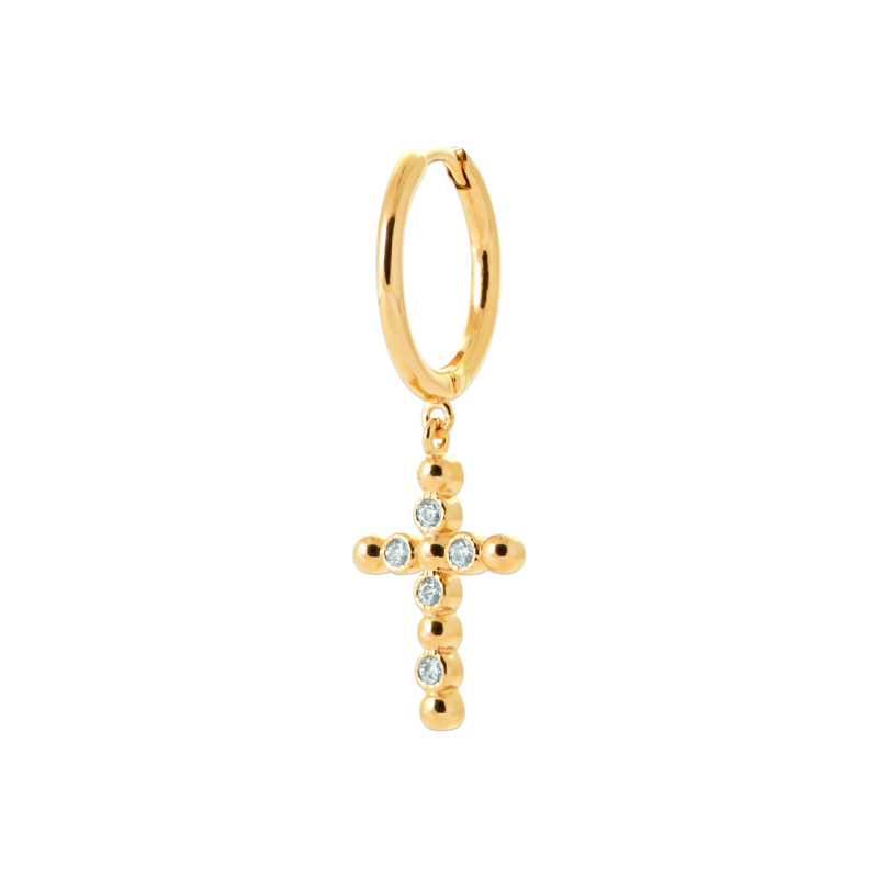 Boucle d’oreille créole 10 mm en plaqué or avec croix pendante – Vendue à l’unité Boucle d’oreille créole 10 mm en plaqué or avec croix pendante – Vendue à l’unité
