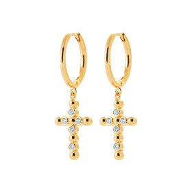 Boucles d'Oreilles Créoles Croix en Zircon Cubique Plaqué Or avec Perles