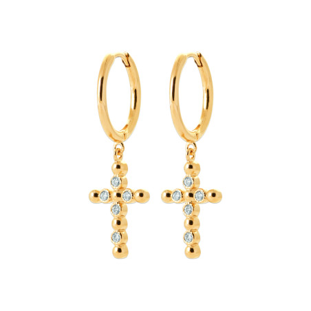Boucles d'Oreilles Créoles Croix en Zircon Cubique Plaqué Or avec Perles