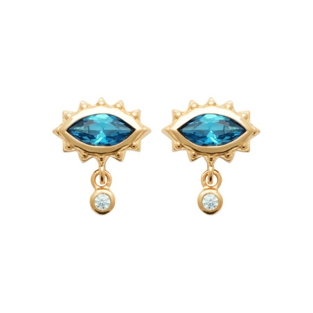 Boucles d'Oreilles en Plaqué Or avec Zircon Bleu en Forme de Goutte