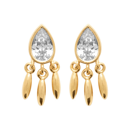 Boucles d'Oreilles en Plaqué Or avec Zircon en Forme de Goutte et Pampilles