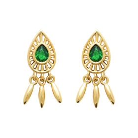 Boucles d'Oreilles en Plaqué Or avec Émeraude Synthétique et Pampilles