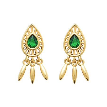 Boucles d'Oreilles en Plaqué Or avec Émeraude Synthétique et Pampilles